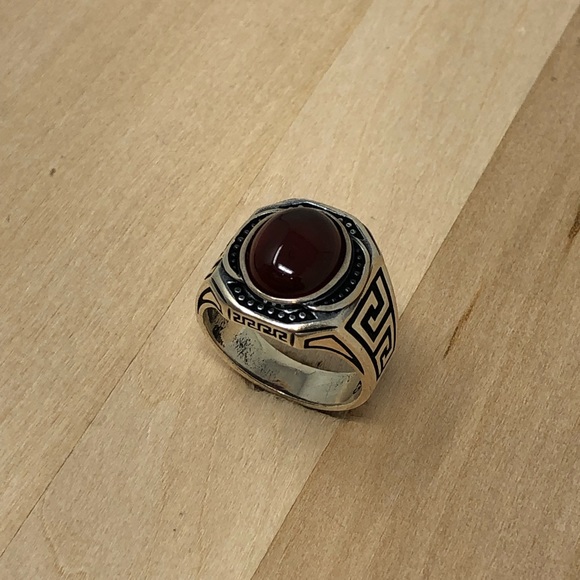 925 Silver Red Agate Mens Ring - Picture 2 of 4